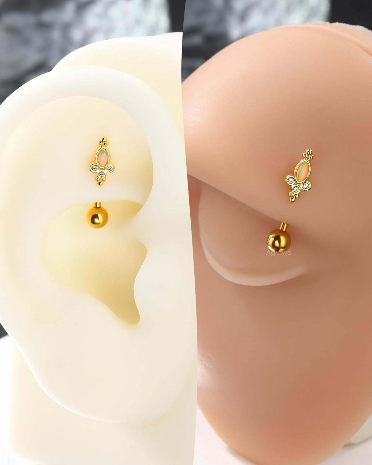 Vintage Green Blossom Rook Earring, 16G Gold Rook Eyebrow Jewelry, Stainless Steel Rook Eyebrow Piercing Jewelry - Image 3