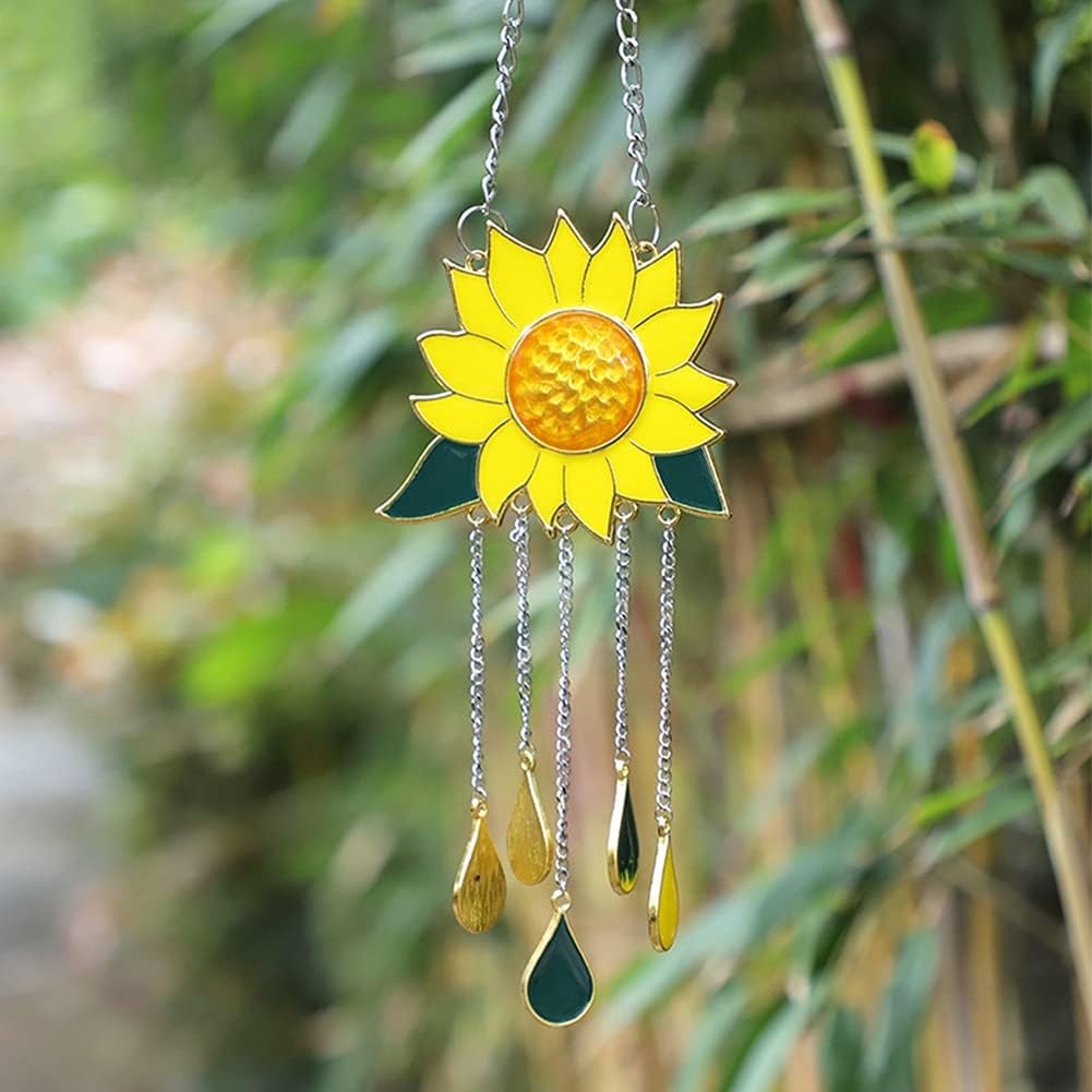 Sunflower Wind Chimes Ornaments, Small Beautiful Stained Glass Window Hanging Panel Decoration with Chain for Home Panel Patio Porch Garden Backyard Decor Gift(Size:30 x 8 cm) - Image 6