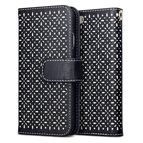 iPhone 6S Case, Terrapin [Black] [Etched Floral Pattern] Textured PU Leather Wallet Case with Card Slots ID Window Cash Compartment and Detachable Wrist Strap Case for iPhone 6 / 6S - Black