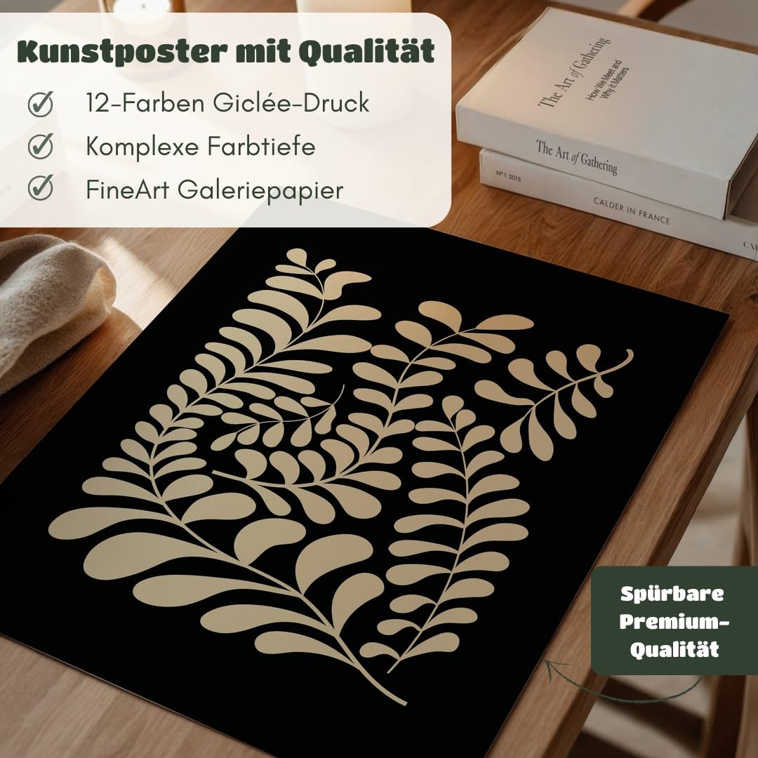 MJ-GRAPHICS® Poster Blätter Kunstdruck minimalistisch Wandbild Beige Wohnzimmer Deko modernes Design Pflanzen Wohndeko inspirierende Wanddeko elegantes Flair A2 mit schwarzem Rahmen
