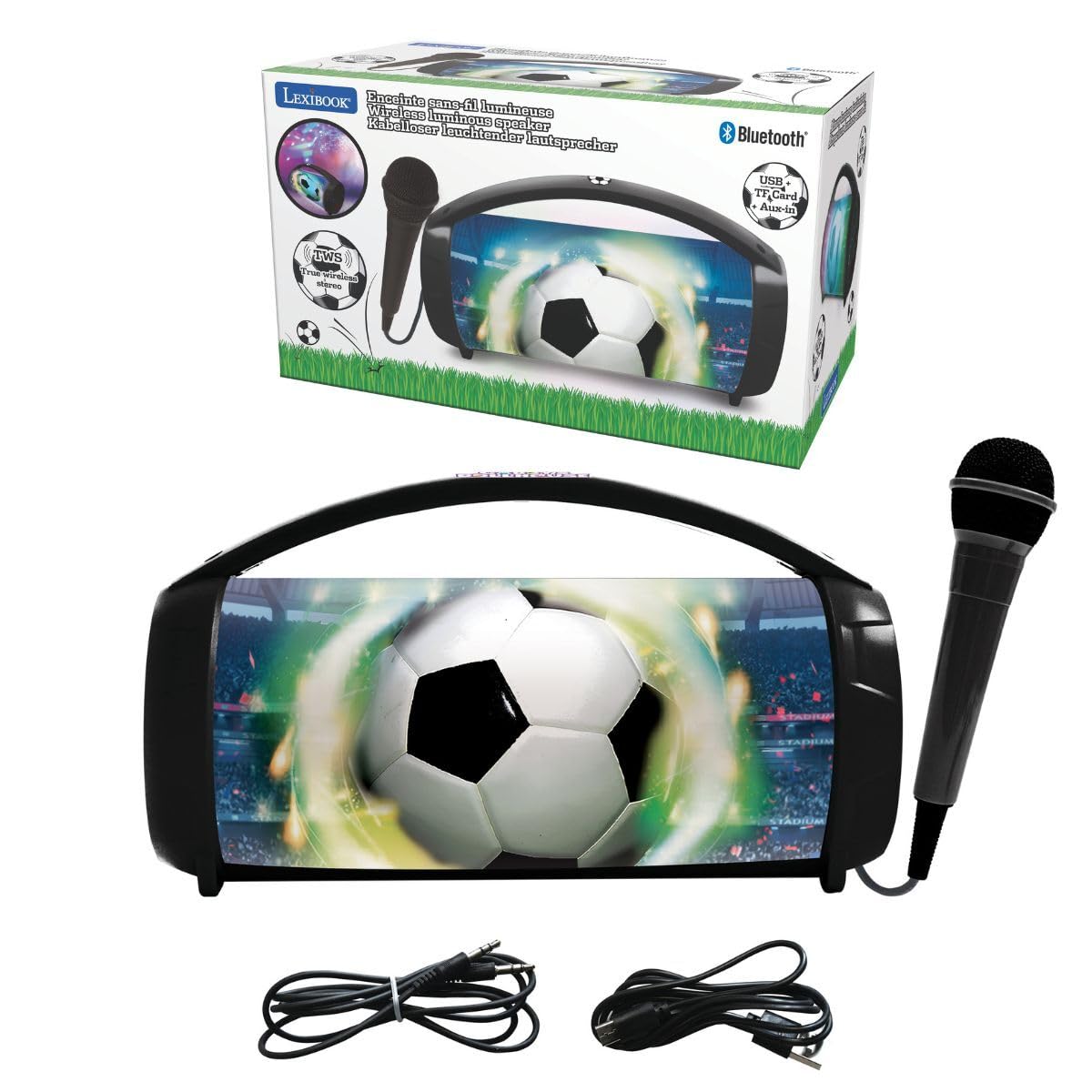 Lexibook Fußball Bluetooth‑Lautsprecher mit Mikrofon, tragbar, inkl. Kabelmikrofon, wiederaufladbar, für Kinder ab 6 Jahren, weiß/schwarz, BTP585FOZ