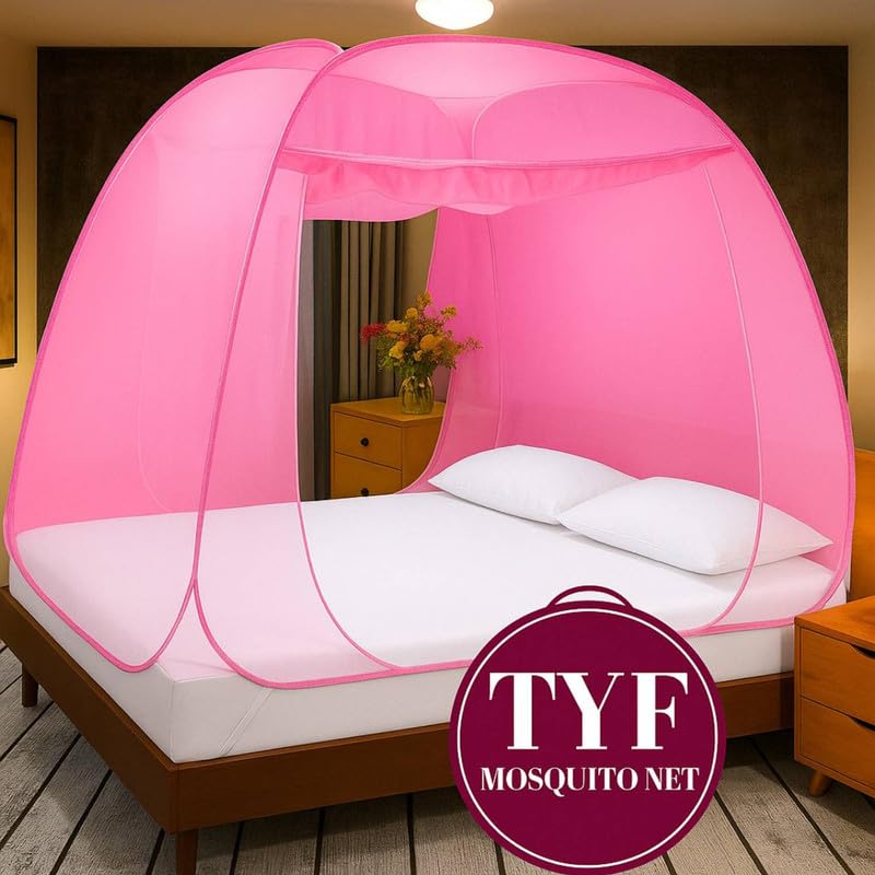 Image of TYF Mosquito Net for Bed Made with Polyester Material | Foldable Mesh Design | Lightweight and Portable Structure | Carry for Indoor Sleeping Spaces, Pink (6.15 Feet X 6.15 Feet) Double Bed