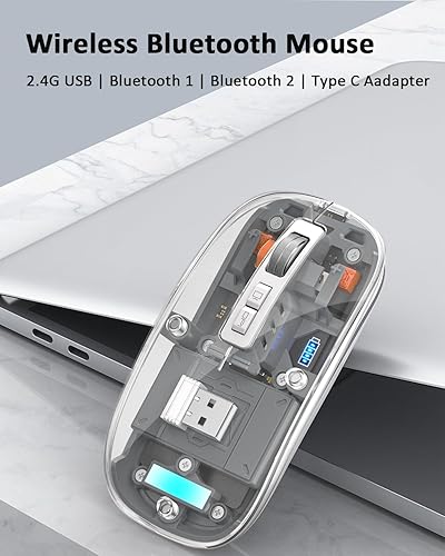 Miniatura 4 de Uiosmuph Ratón inalámbrico Bluetooth Tri-Mode (Dual BT5.1+2.4GHz) USB C recargable para computadora, mouse silencioso totalmente transparente con