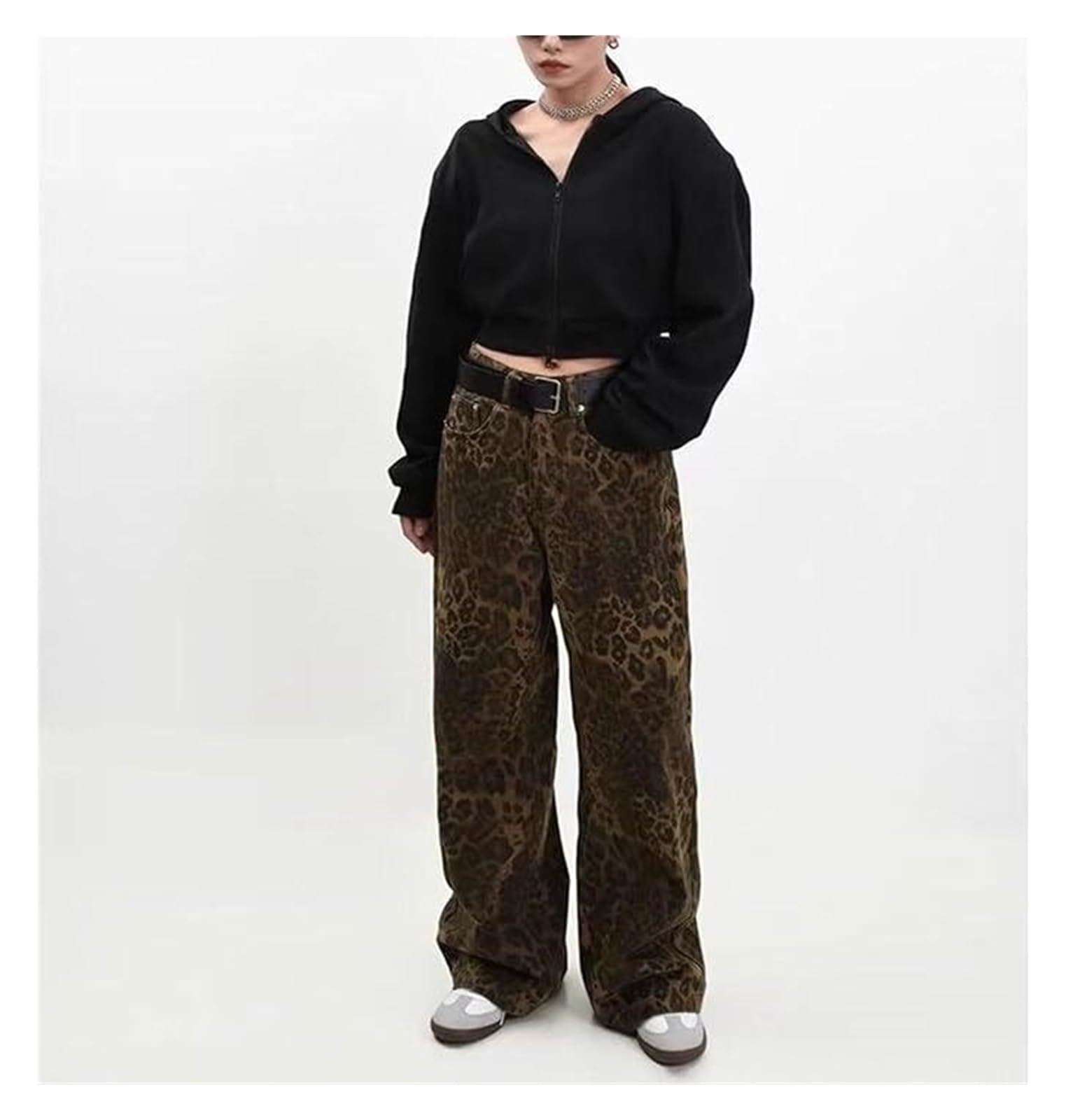 Dżinsy Y2k Leopard Print Jeans Proste Spodnie Z Szerokimi Nogami Z Kieszeniami, Vintage Loose Cargo Jeans Z Wysokim Stanem Dla Kobiet