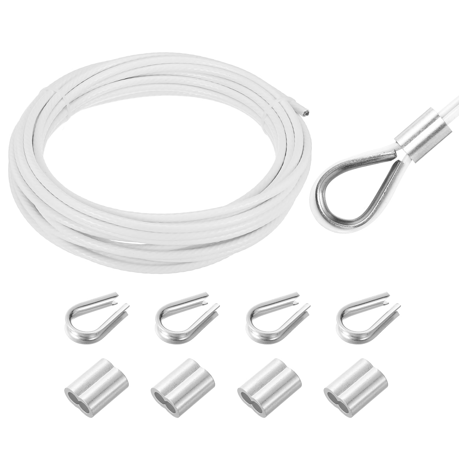 QUARKZMAN Cable De Acero Inoxidable 304 De 10m Con Recubrimiento De Vinilo De 6mm (1/4") Con 4 Manguitos De Aluminio Y Ojal Para Barandales, Cubiertas, Colgado, Líneas De Ropa, Blanco