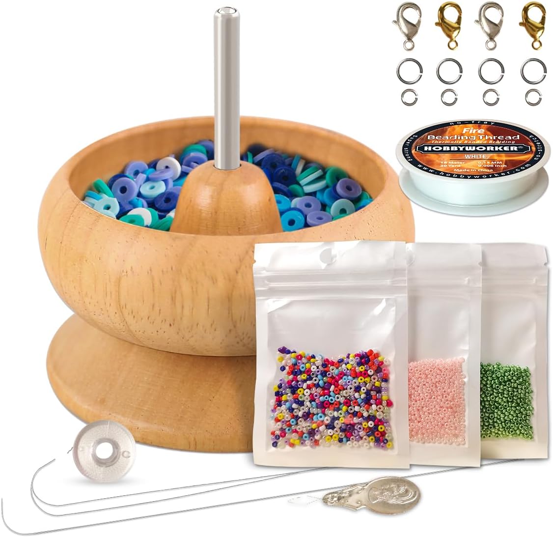 Hobbyworker The Beading Bowl Spinner Fourth Generation with Beading Thread, 2 pcs Beading Needles,Needle Threader,Lobster Clasps,Open Jump Rings and 3 Bags Seed Beads for DIY Jewelry Making Kit
