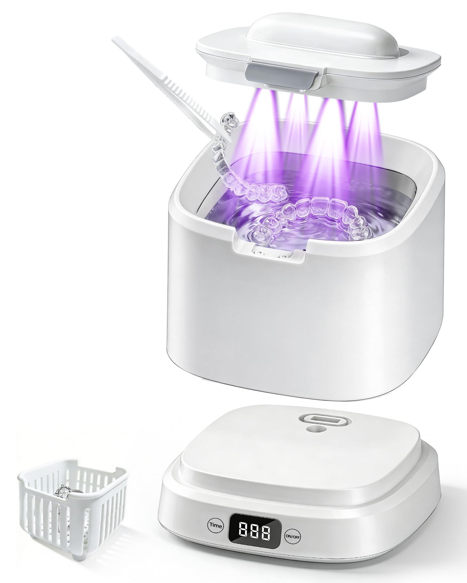 Limpiador ultrasónico de retención, cápsula de limpieza dental UV, limpiador dental de 45 kHz para prótesis, alineador, protector nocturno, joyas, 5 modos, bajo ruido, diseño compacto, gran capacidad