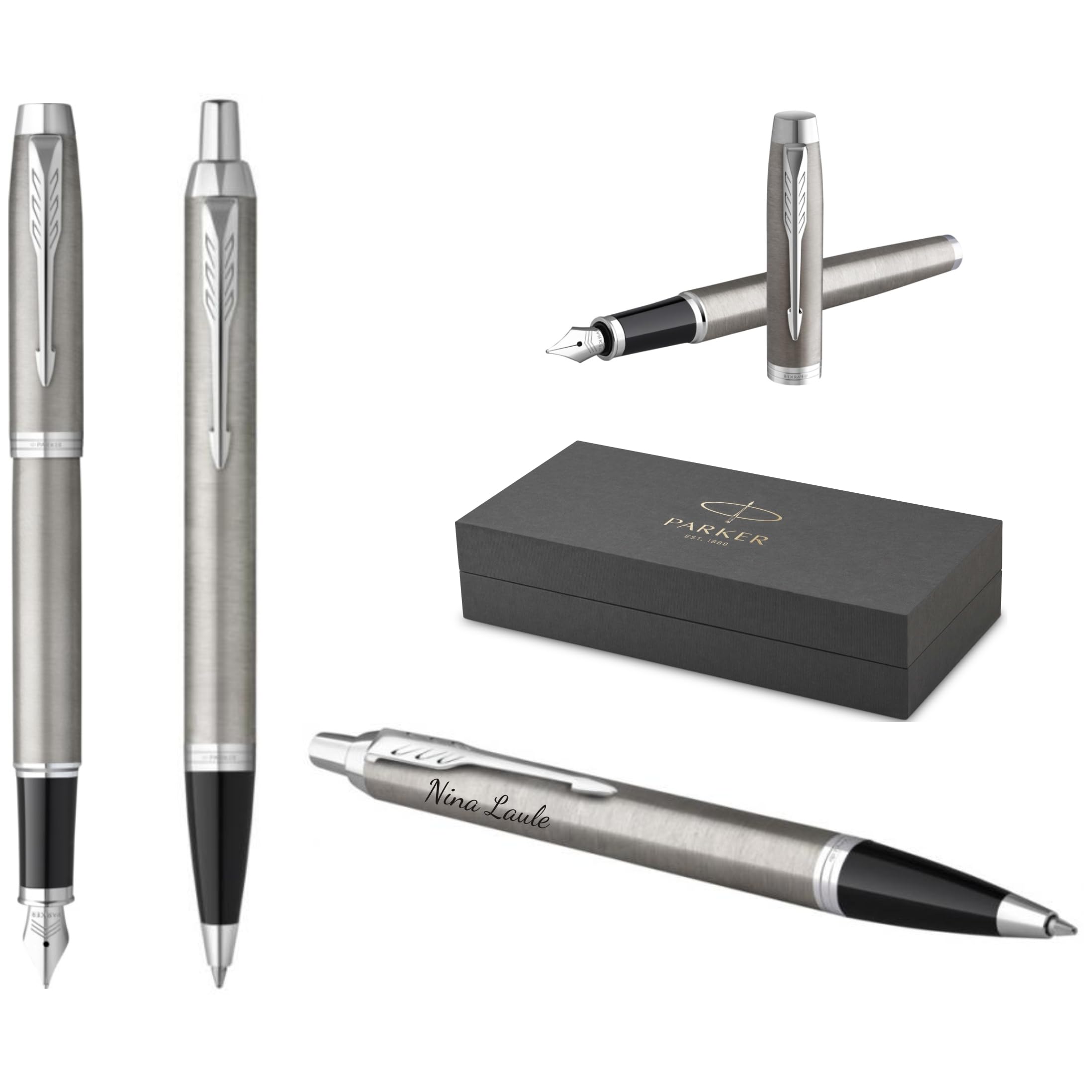 PARKER IM Core Stylo plume et stylo à bille, avec gravure, de qualité supérieure, boîte cadeau, mine noire, cadeau personnalisé, nom, anniversaire, en métal brossé C.C