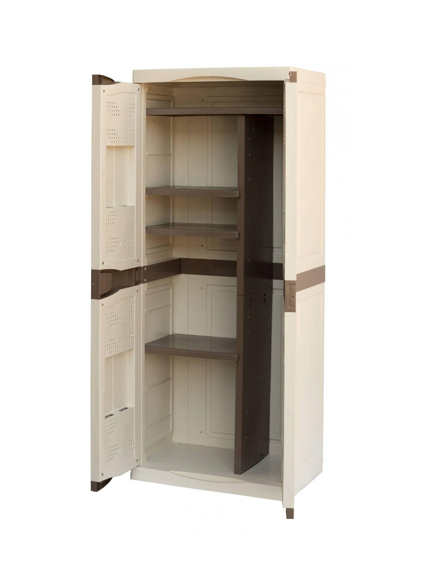 Dmora - Armadio da esterno Avelgem, Armadio balcone multiuso, Mobile porta scope 2 ante, 100% Made in Italy, 70x47h178 cm, Beige e Marrone, Finitura elegante