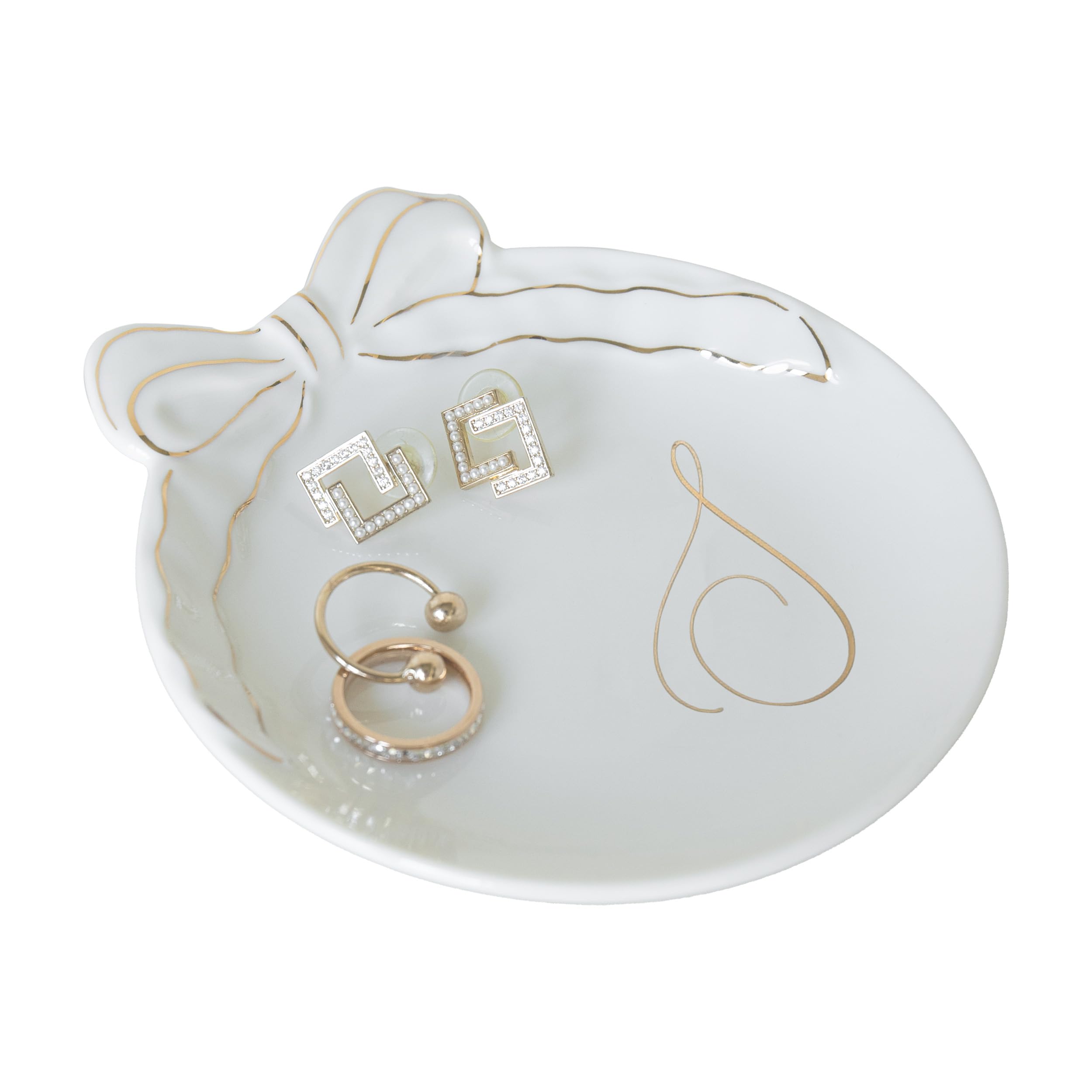 COLLECTIVE HOME - Personalized Initial Ceramic Jewelry Tray with Bow, Christmas Gift Ideas for Women, Small Gift for Girlfriend Wife, Ring Holder, Earrings Dish, Birthday Gift for Her (S)