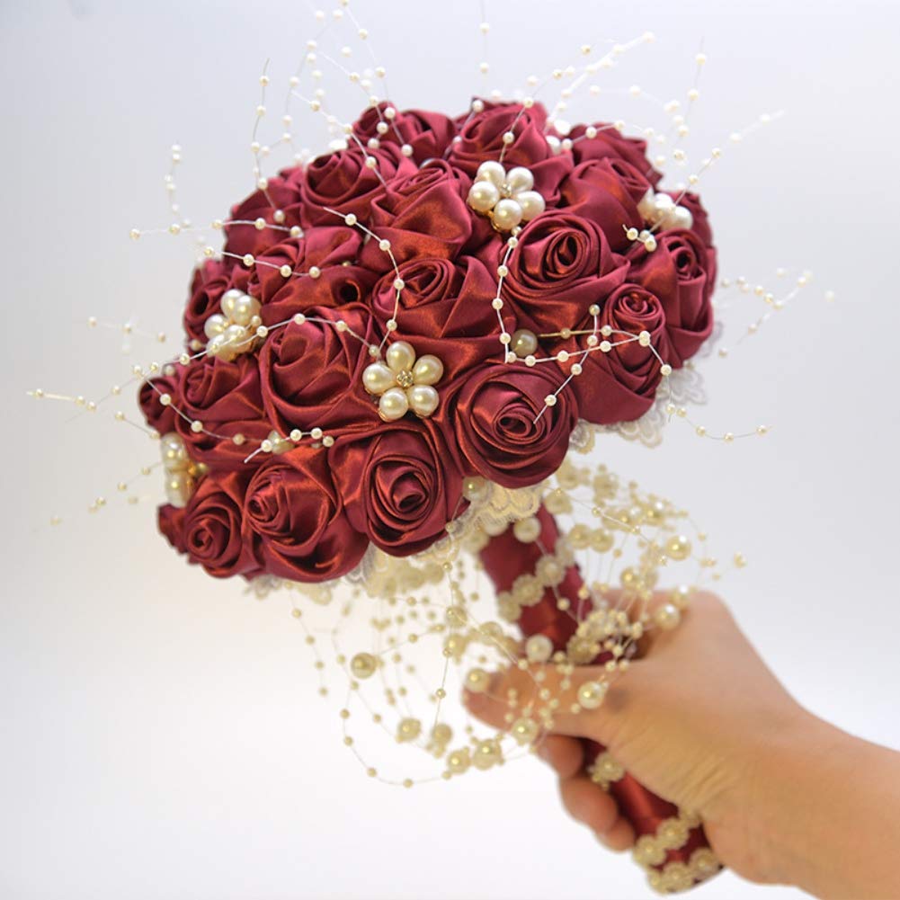 Hankyky Wedding Red Rose Bridal Bouquet with Pearls, Vintage Artificial Silk Rose Flower Bride Bridesmaid Holding Flowers Floral Bouquet for Wedding Party Home Decoration and Gift