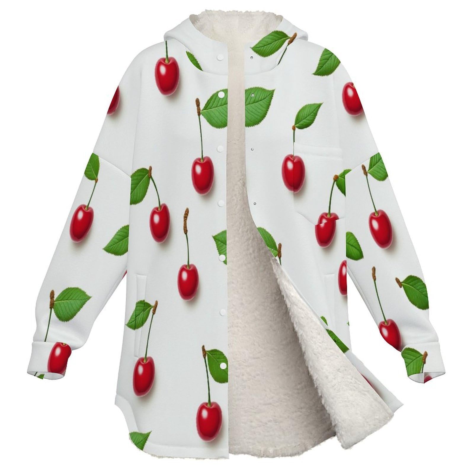 Felpe con Cappuccio da Donna Foglie Verdi di Ciliegio Felpa Donna Invernale con Bottoni Stile Adesivo Foderata in Pile Sherpa, Abbigliamento Caldo e Morbido con Tasche, S-6XL, Rosso
