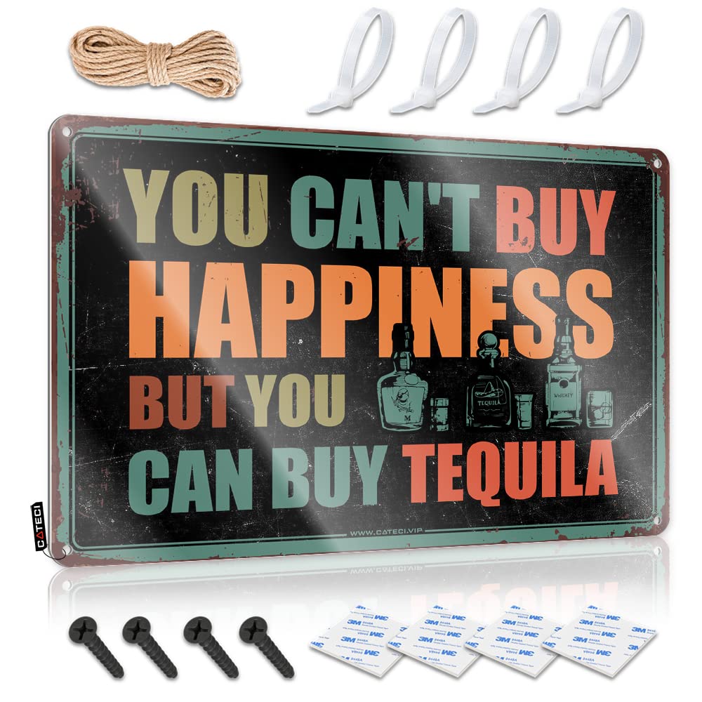 STWNVOITV Funny Office Signs You Can'T Buy Happiness But Can Tequila Tin Sign Home Bar Tin Sign Bbq Signs Outdoor(20X30CM)