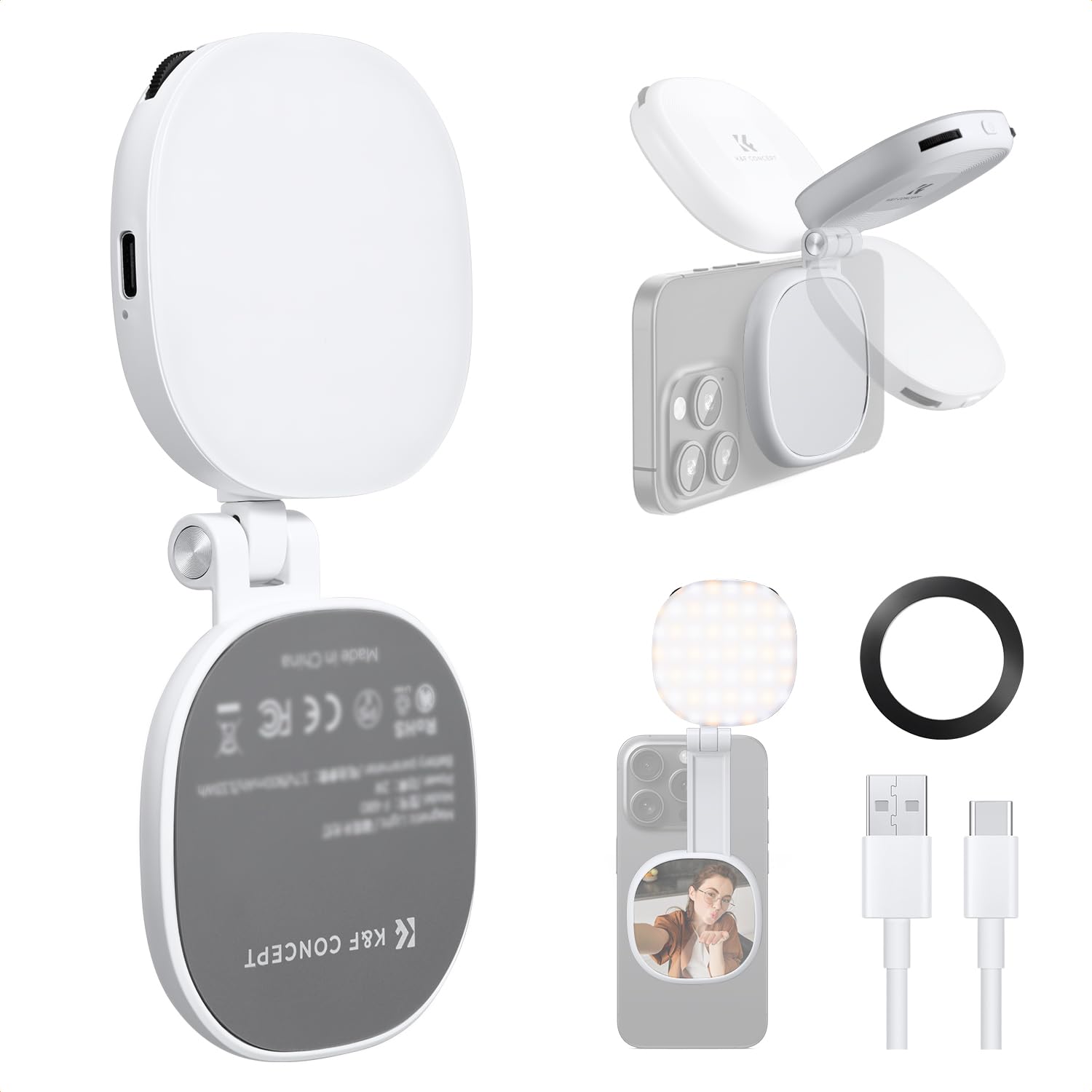 K&F CONCEPT 360° Magnetische Selfie Licht mit Spiegel 900mah Akku,Weiß | 673lux Handy Ringlicht kompatibel mit iPhone Magsafe/Android, LED Selfie Ring Fülllicht für Selfies /Make up/Fotografie