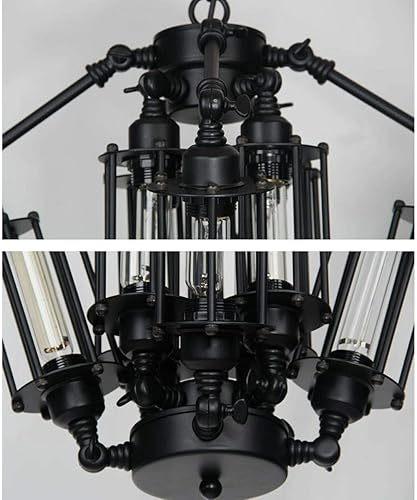 Miniatura 6 de MORE CHANGE MoreChange - Lámpara de araña industrial retro, vintage, steampunk, para colgar en el techo, lámpara loft, jaula negra para sala de