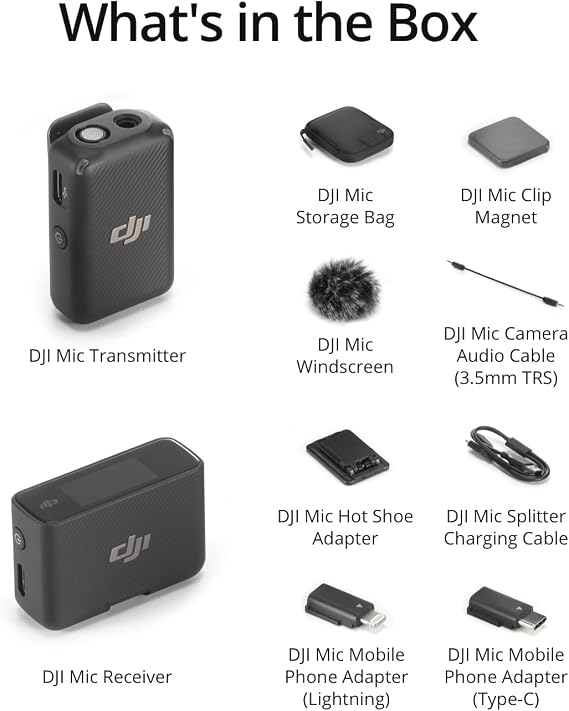 DJI Mic (1 TX + 1 RX), Wireless Lavalier Microphone, 250m (820 ft.) Range, Compact and Ultra-Light, 14-Hour Recording, Wireless Microphones for PC, iPhone, Android, Cameras, Vlogs, Live Stream