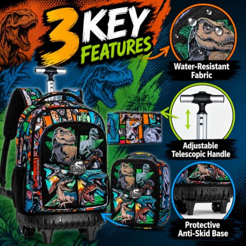 Image of CCJPX 3PCS Rolling Backpack for Boys, 21 Inch Water Resistant Dinosaur Backpacks with Roller Wheels, Wheeled Bookbag for Teens Elementary School Travel-Brown