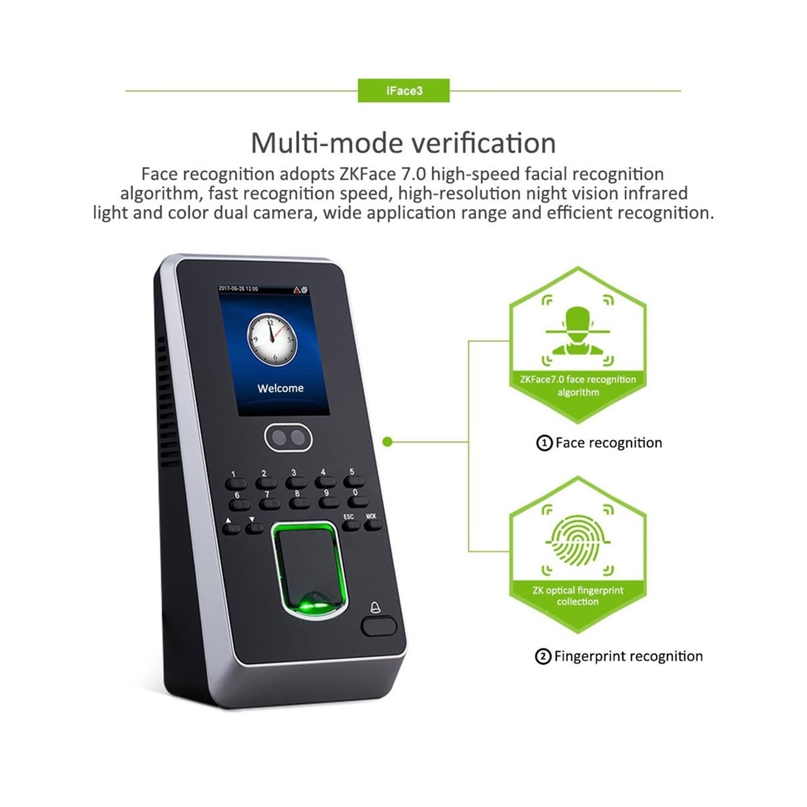 Zegar czasu pracy dla małych firm, ZK Multibio800-H 400 System kontroli dostępu do drzwi z rozpoznawaniem oisków palców TCP/IP Biometryczny rejestrator czasu pracy twarzy(Multibio800-IC,French)
