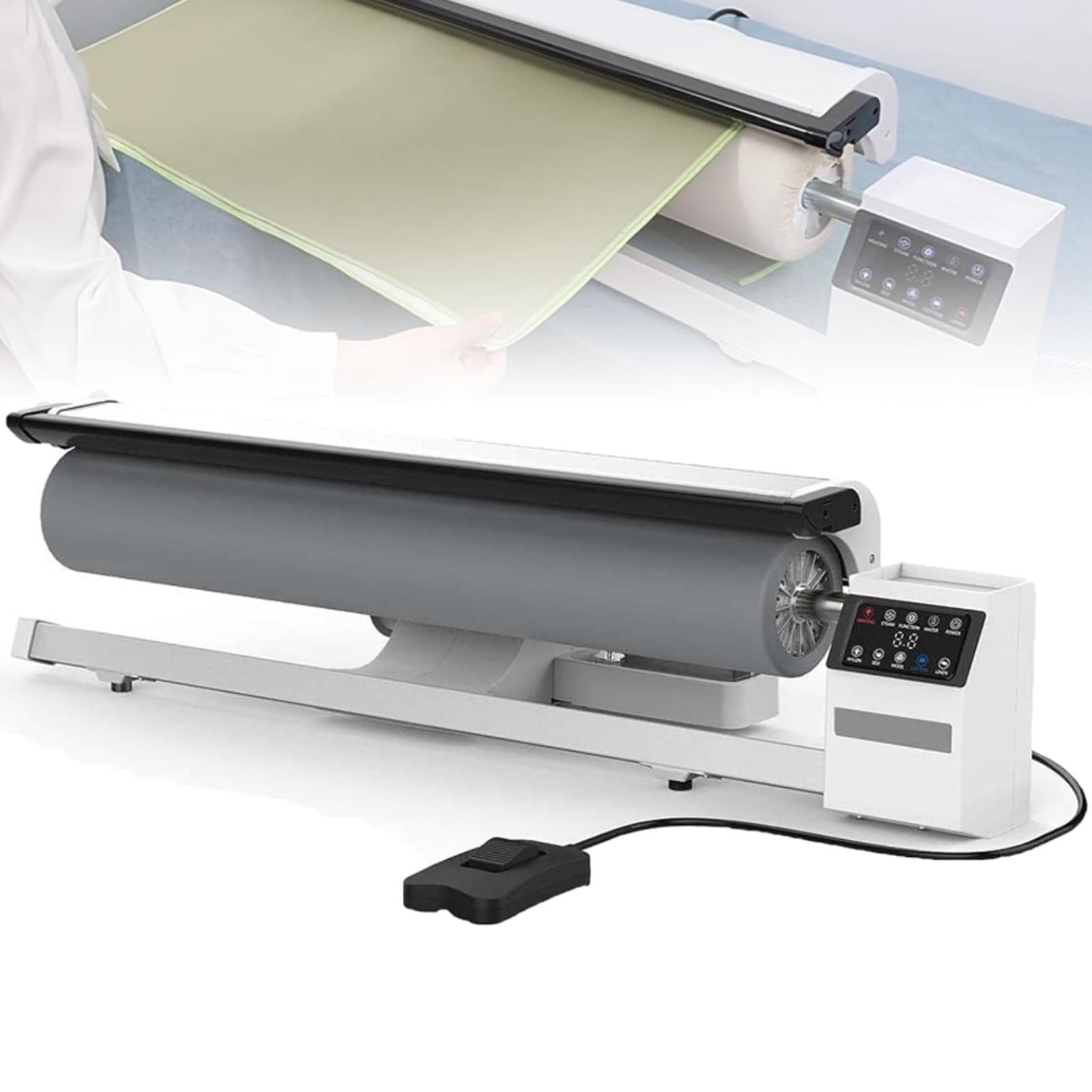 Oiyekntd Rotary Steam Press Machine Steam Roller Ironer with Continuous Steam Output, Foot Pedal Control and High-Pressure Heated Plate, Designed for Clothes, Garments, Curtains, Sheets, Tablecloths