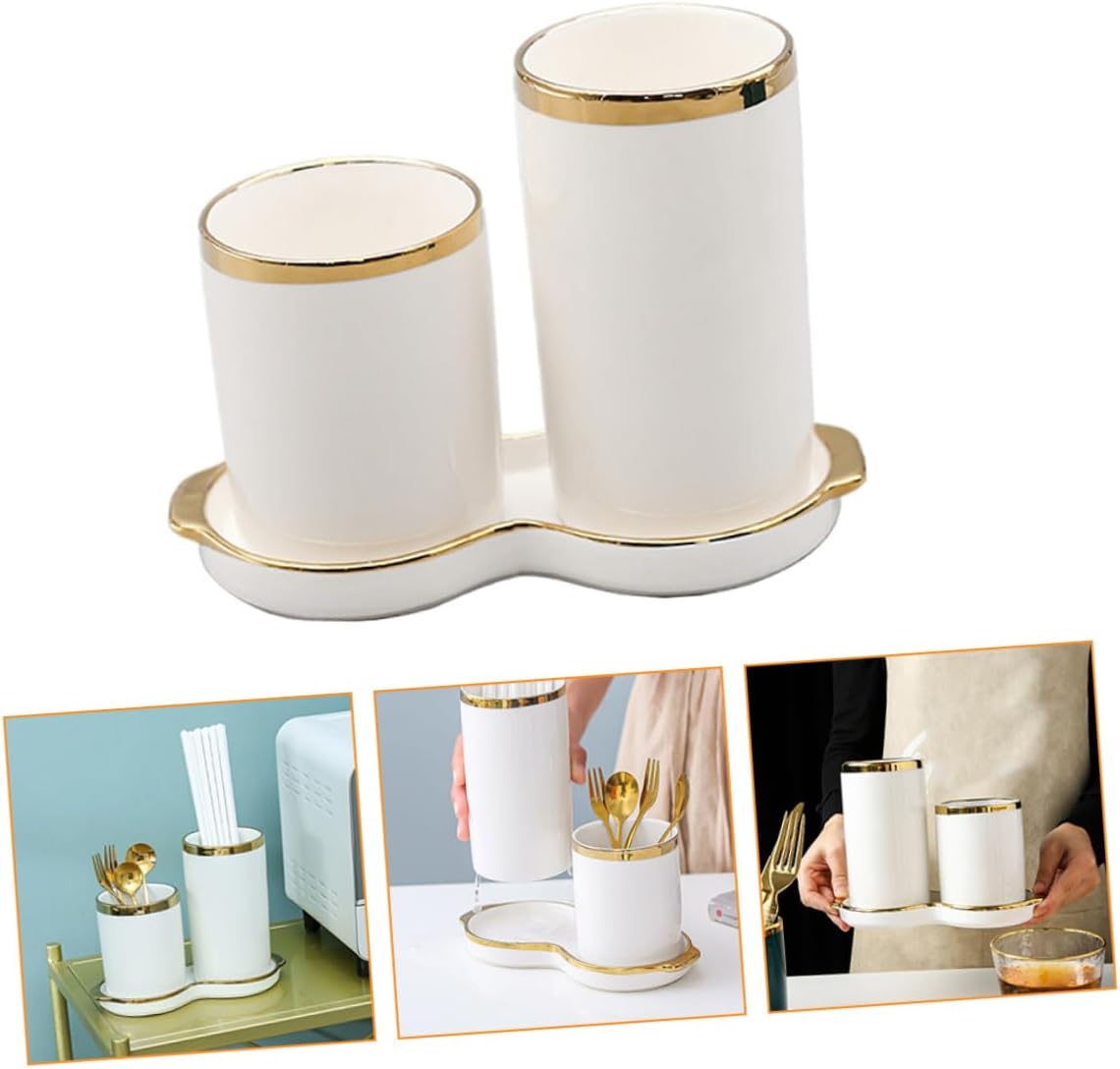 Ceramic Chopstick Storage Holder Drainage Kitchen Utensil Organizer White Suitable for Home Use Dual Compartment Design
