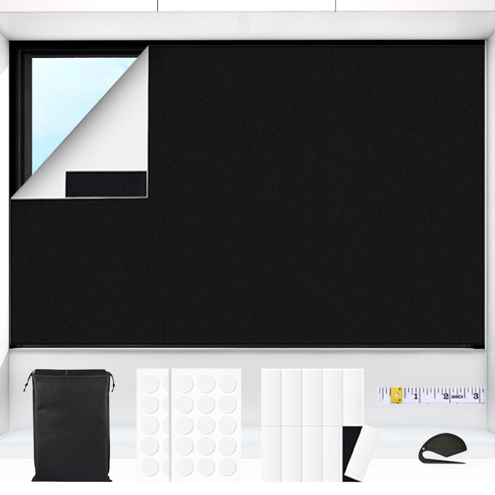 Blackout Blinds Stick on, 300×145cm Black Out Blinds, Portable 100% Blackout Material, No Drill Blinds Curtains Suitable for Cutting any Size Shape