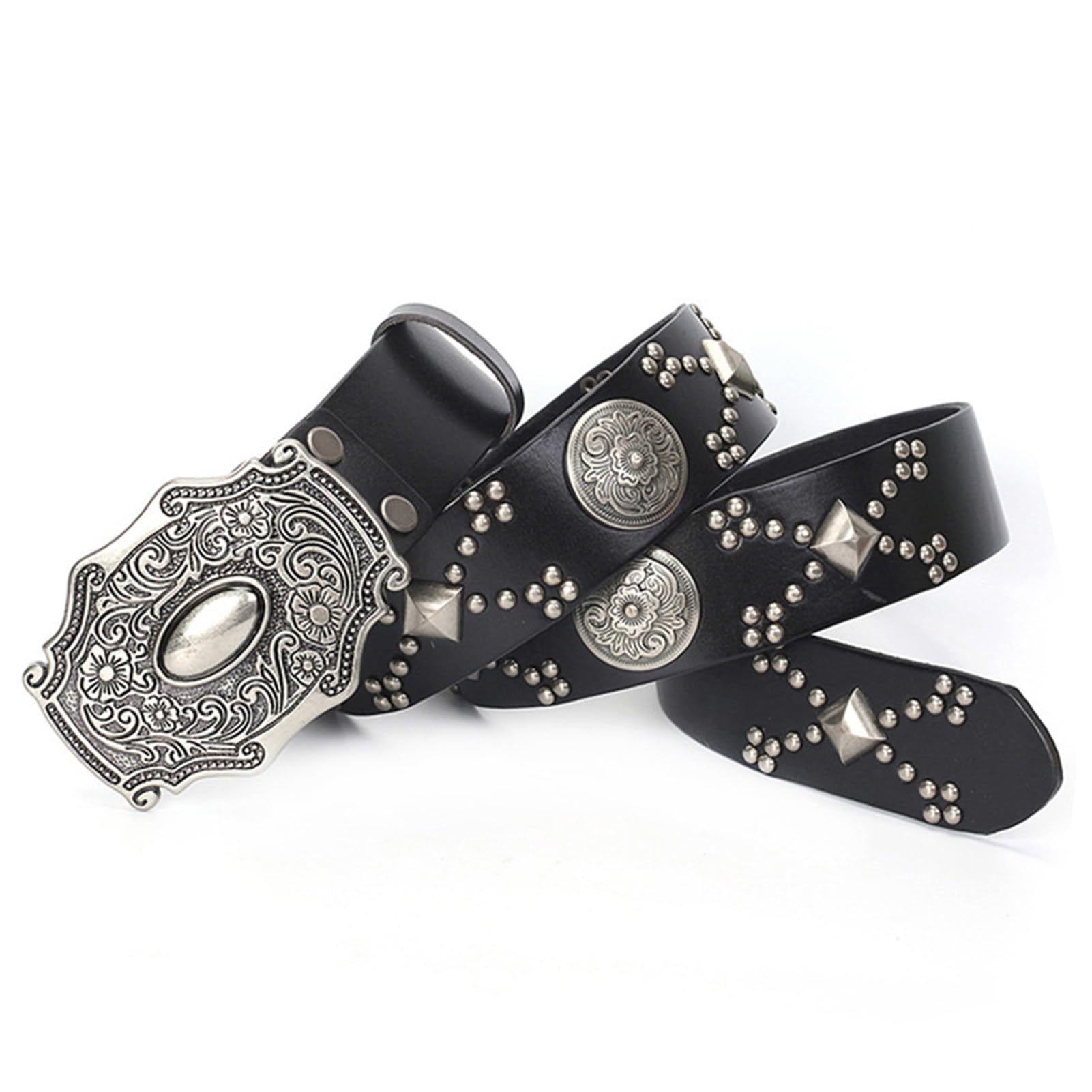 Ceinture en Cuir à Rivets Neutres Style Tendance Clouté Boucle à Griffes Réglable Style Punk Rock(115cm/waist:39", A)
