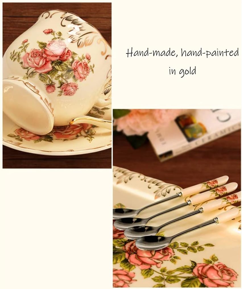 Tea Cup Set Tea Cups Sets Porcelain Rose Teacup Set Retro Coffee Cup Saucer Set with Teaspoons Saucers Cups