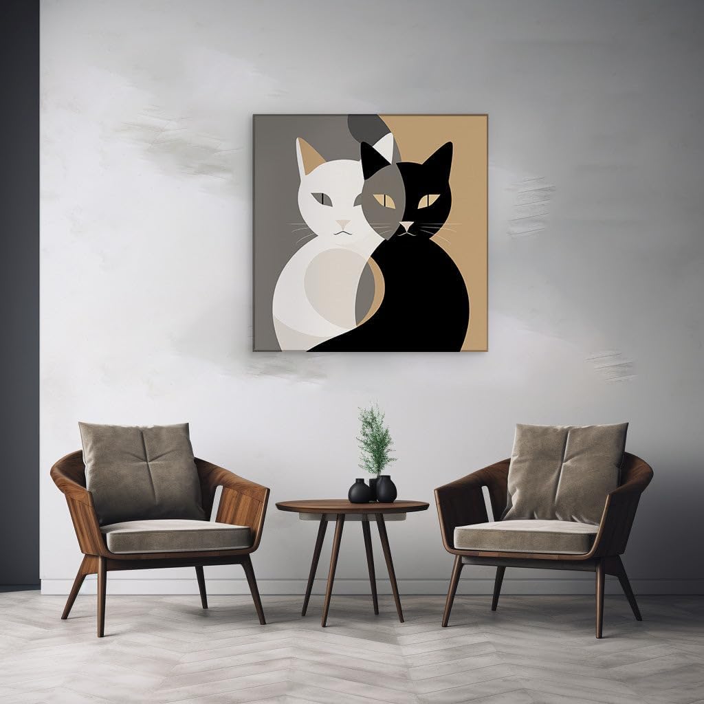 Canvas for Living Room. Whiskers in Harmony: A Glimpse into Feline Friendship Against a Beige and Brown Tapestry, 27 x 18 inch Canvas Wall Art - Ready to Hang