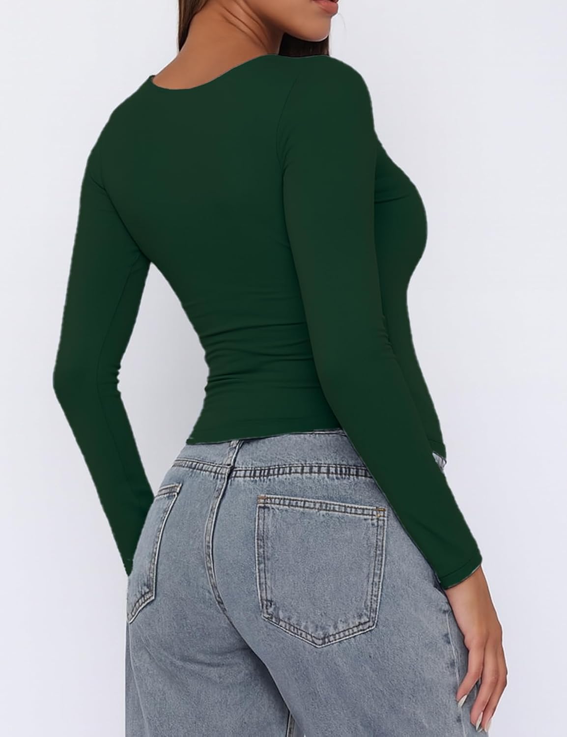 ForeFair Womens Casual V Neck Long Sleeve Shirts Going Out Double Lined Crop Tops Slim Fitted Basic Tee - Image 3