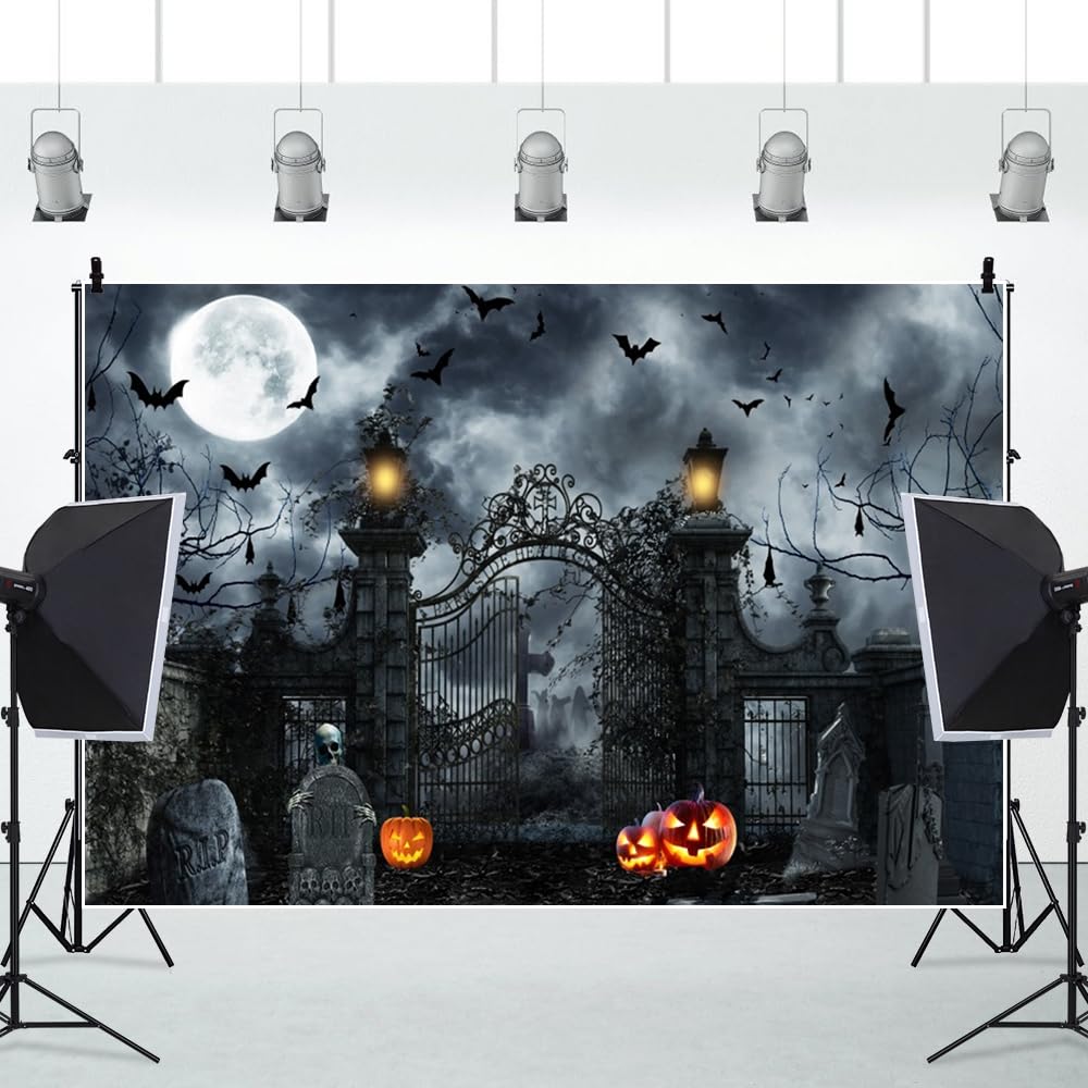 Halloween-Fotohintergrund 3x2,5 M – Gruseliger Friedhof Mit Totenkopf & Mond, Aus Vinyl, Wiederverwendbar