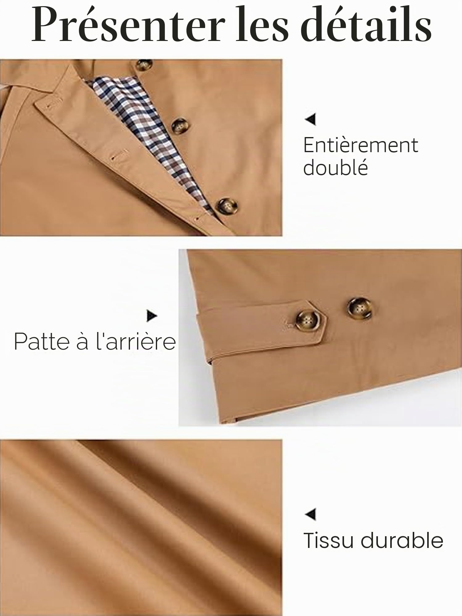 Trench court classique à simple boutonnage avec col à revers pour femme pour le printemps et l'automne