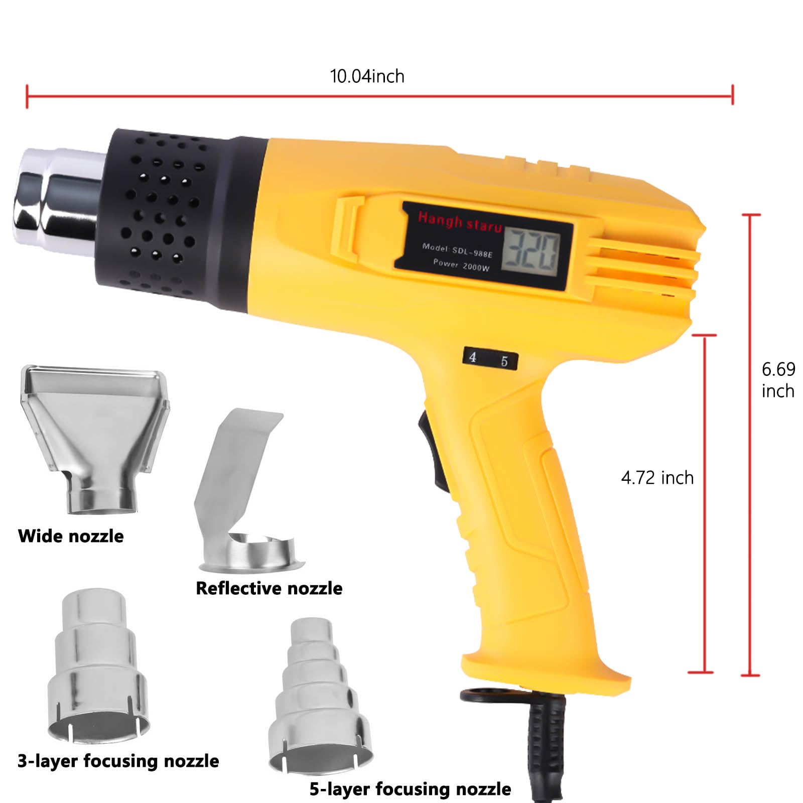 Kit Pistola ad Aria Calda Digital 2000W, Temp. Variabile 140℉-1112℉ (60-600℃), Elemento Calefattore in Ceramica, 4 Ugelli, Protezione Surriscaldamento, Riscaldamento/Riparazione/Ristringimento