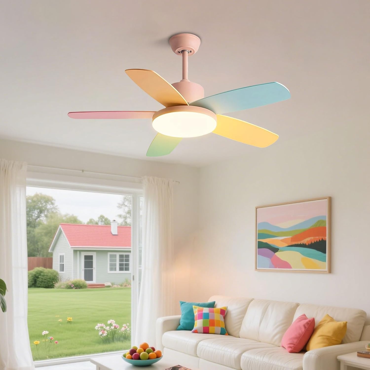Modern Colorful Ceiling Fan with Light Remote 6 Speed Quiet 36in Ceiling Fans 60W LED 3-Color Changing Pink Ceiling Fan Light for Kids Room Bedroom Nursery Living Room Playroom