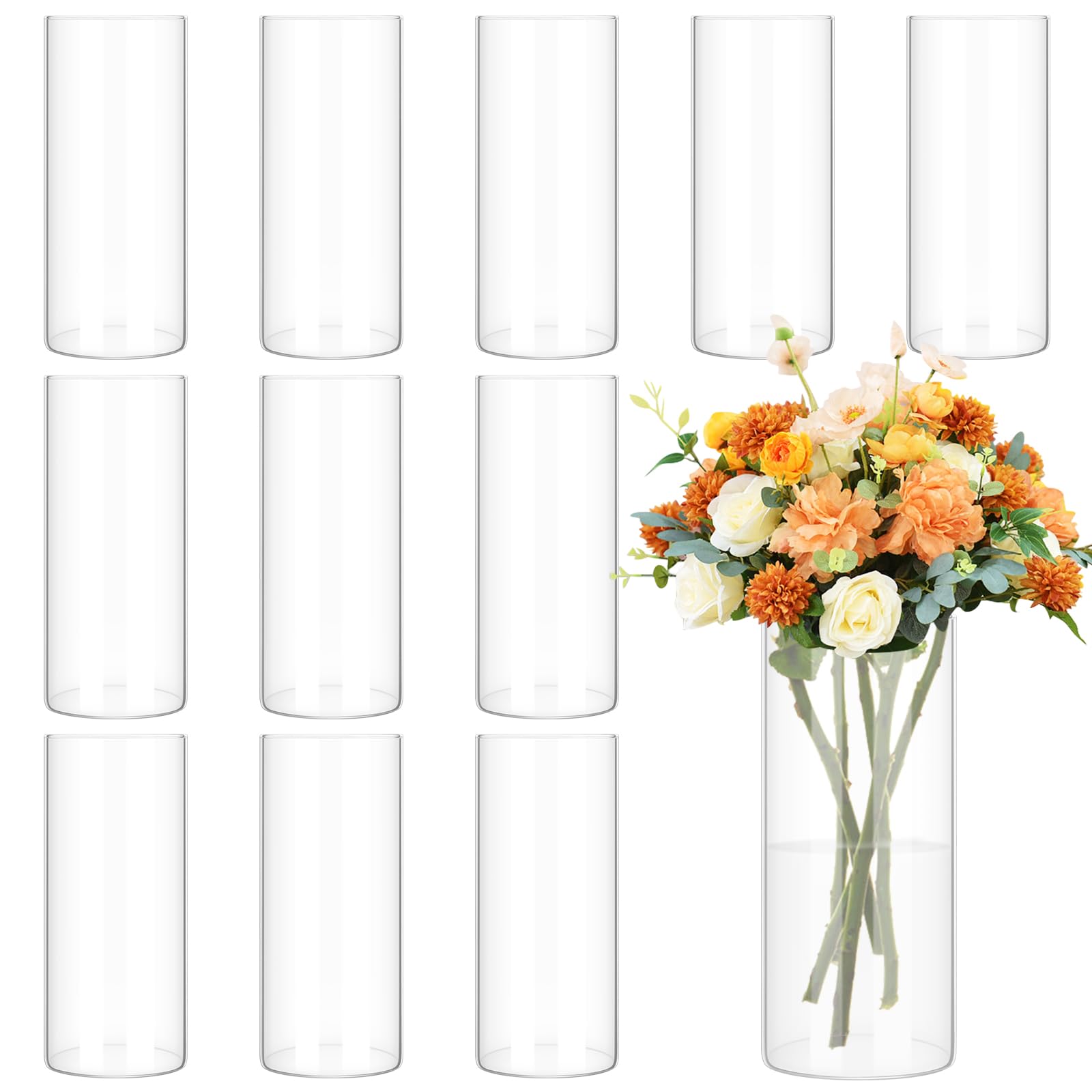 Photo 1 of 12 Pack Glass Cylinder Vases 8 Inch Tall Clear Flower Vase for Centerpieces, Hurricane Floating Candle Holder Wedding Decorations, Floral Vase Bulk for Table Shelf Party Home Deco (8 x 3.35 Inch)