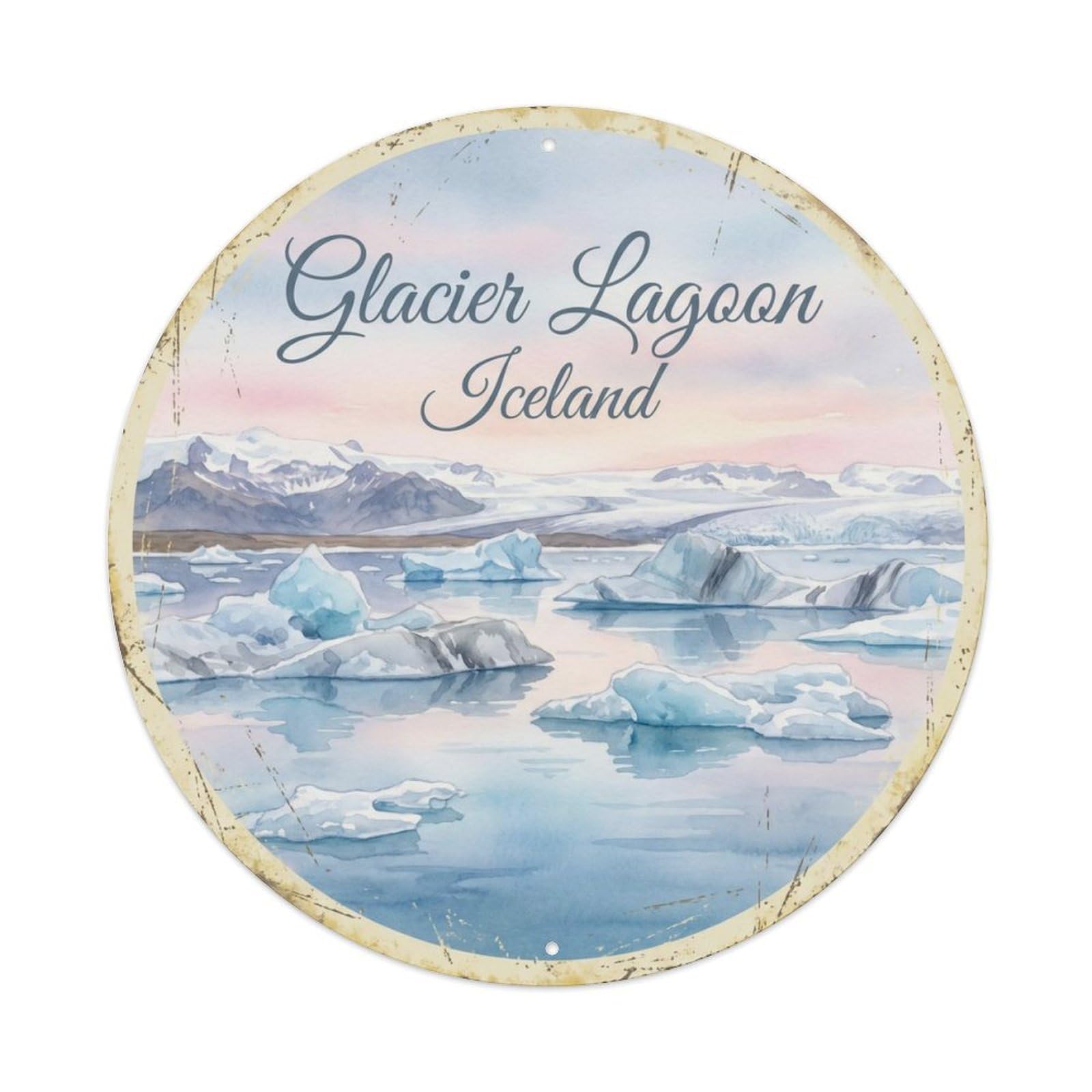 Vintage Travel Iceland Glacier Lagoon Metal Tin Sign Plaque Wall Decor for Cafe, Club, Garden Round Metal Poster 8x8Inch