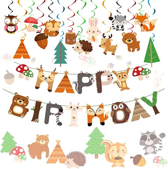 JeVenis Woodland Party Deocoration Woodland Animal Birthday Banner Forest Animal Birthday Decoration Woodland Birthday Party Supplies