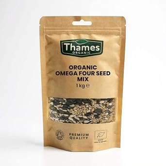 Organic Omega Four Seed Mix -1kg- Pumpkin, Sunflower, Sesame, Flax - No Additives, No Preservatives, High Fibre, High Protein, Raw Whole Seeds, Vegan, GMO Free, Certified Organic - Thames Organic