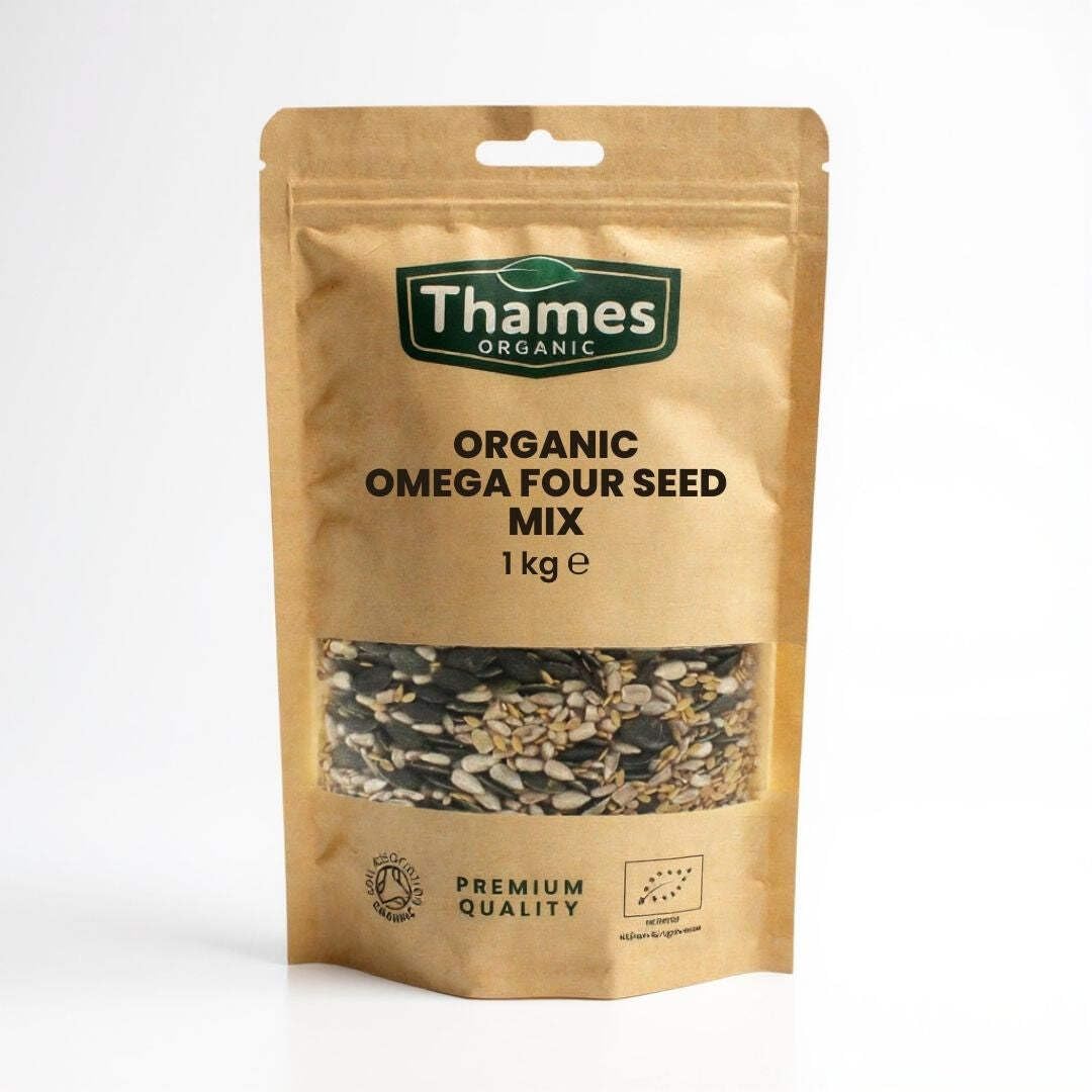 Organic Omega Four Seed Mix -1kg- Pumpkin, Sunflower, Sesame, Flax - No Additives, No Preservatives, High Fibre, High Protein, Raw Whole Seeds, Vegan, GMO Free, Certified Organic - Thames Organic