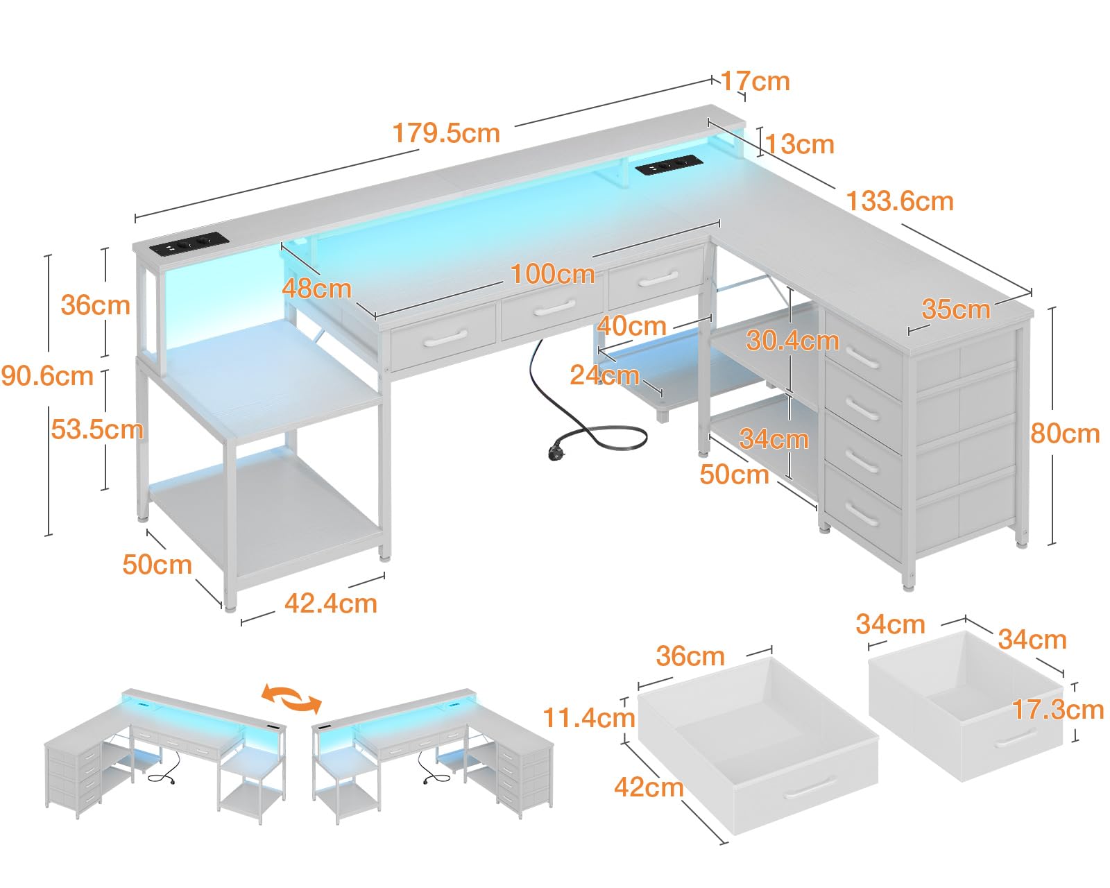 Coleshome Gaming Tisch mit 7 Schubladen & Großzügigem Stauraum, 179.5×135.5cm Eckschreibtisch mit RGB LED, Reversibler Schreibtisch L Form mit 2 Steckdosen, Ideal für Büro & Gaming, Weiß