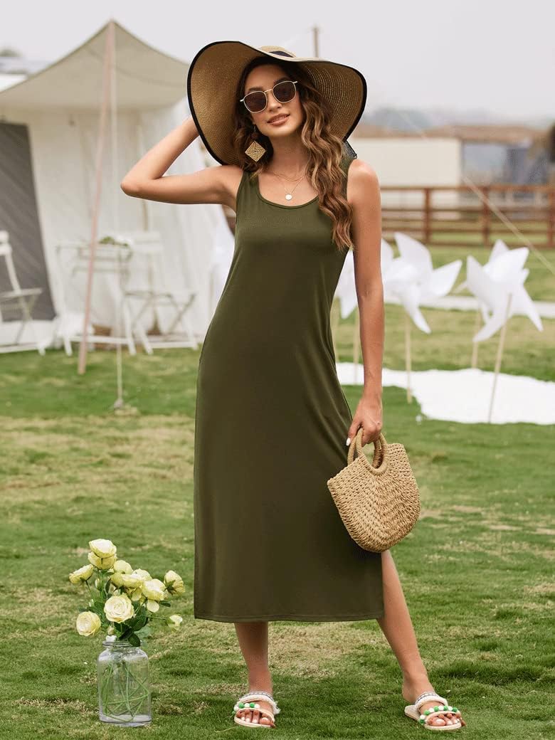 Naggoo Women's Sleevelee Tank Dress Midi Summer Casual Scoop Neck Basic Split Maxi Tshirt Sundresses with Pockets - Image 3