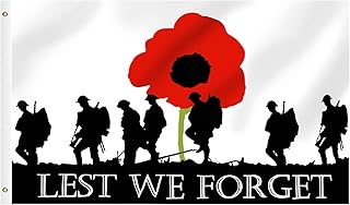 Lest We Forget Flag 5x3 FT, Tenuevo Remembrance Day Poppy Flag 150 x 90 cm for Heroes Soldiers British Military Forces, Double Stitched | 100% Polyester | with Brass Grommets