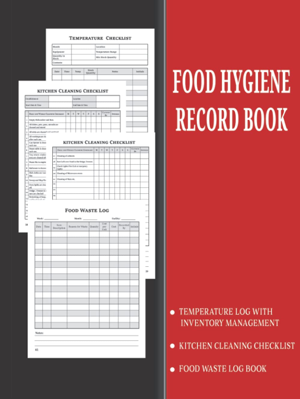 Food Hygiene Record Book: Food Temperature Log Book With Inventory Count | Kitchen Cleaning Checklist & Schedule | Food Waste Log For Commercial Kitchen And Food Businesses