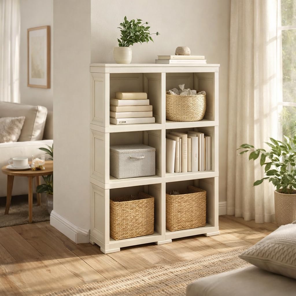 Scaffale Modulare a Vista Senza Ante – Libreria Multiuso in Plastica con 6 Scomparti per Zona Living, Studio e Organizzazione Casa (Angora, 79 x 42.5 x 125 cm)