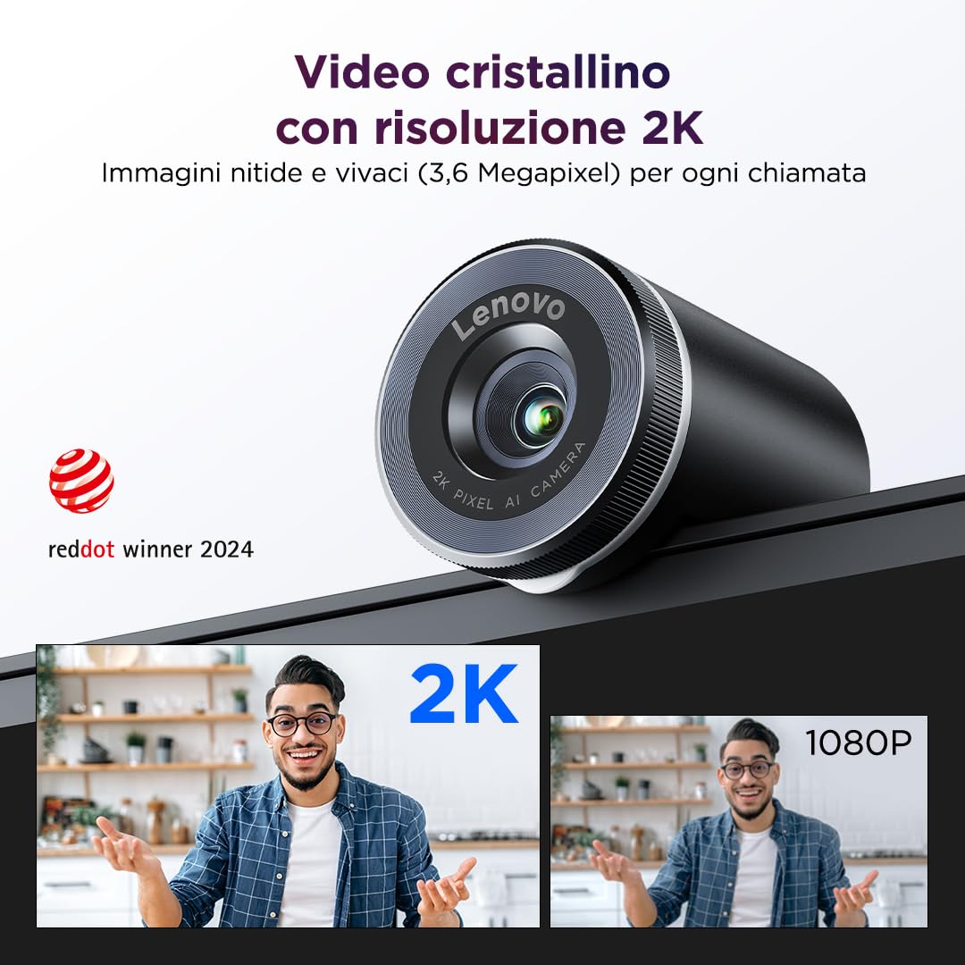 Lenovo QHD Webcam, webcam QHD per PC e notebook per videochiamate e smart working, plug and play per meeting online