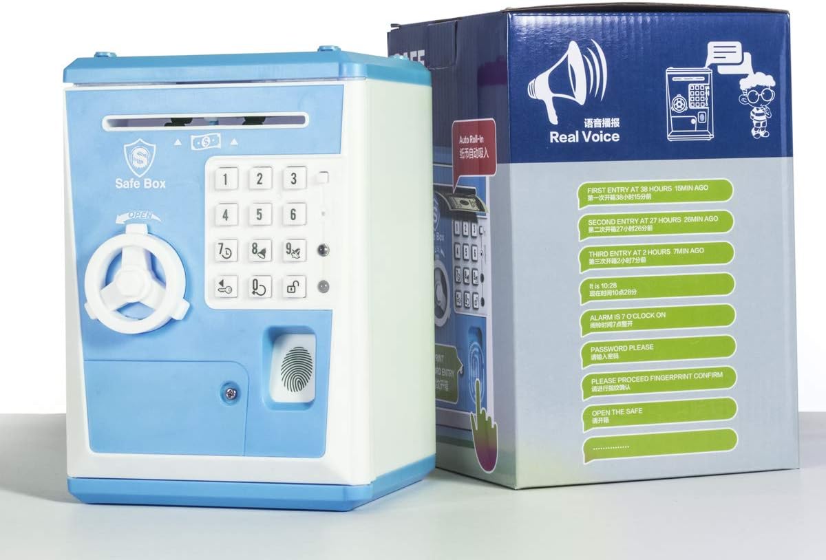 LIKE Toy Piggy Bank Safe Box Fingerprint ATM Bank ATM Machine Money Coin Savings Bank for Kids Blue