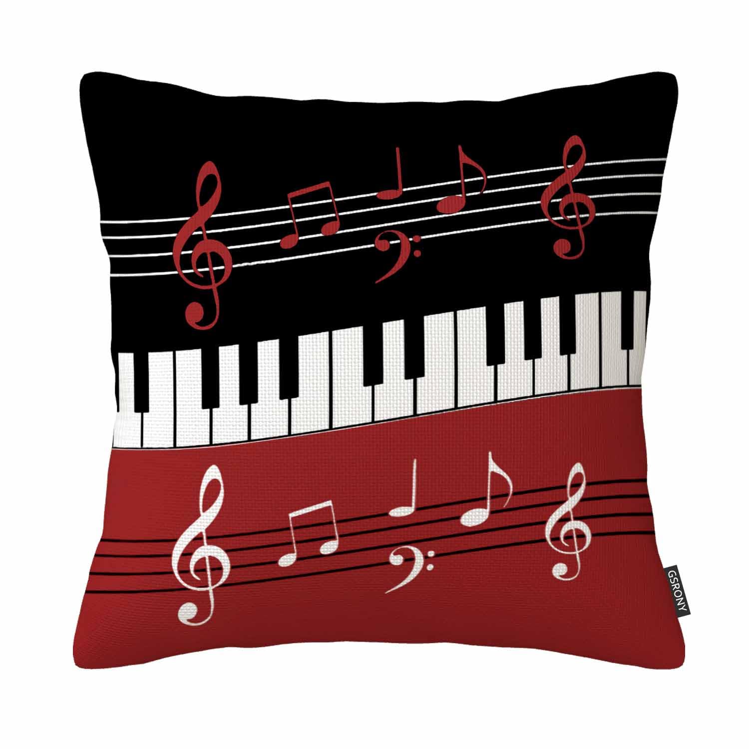 Gsrony Cream Piano Key Throw Pillow Covers Red Black White Piano Keys And Notes Cushion Pillow Case Home Decor Pillowcase 18X18 Inches