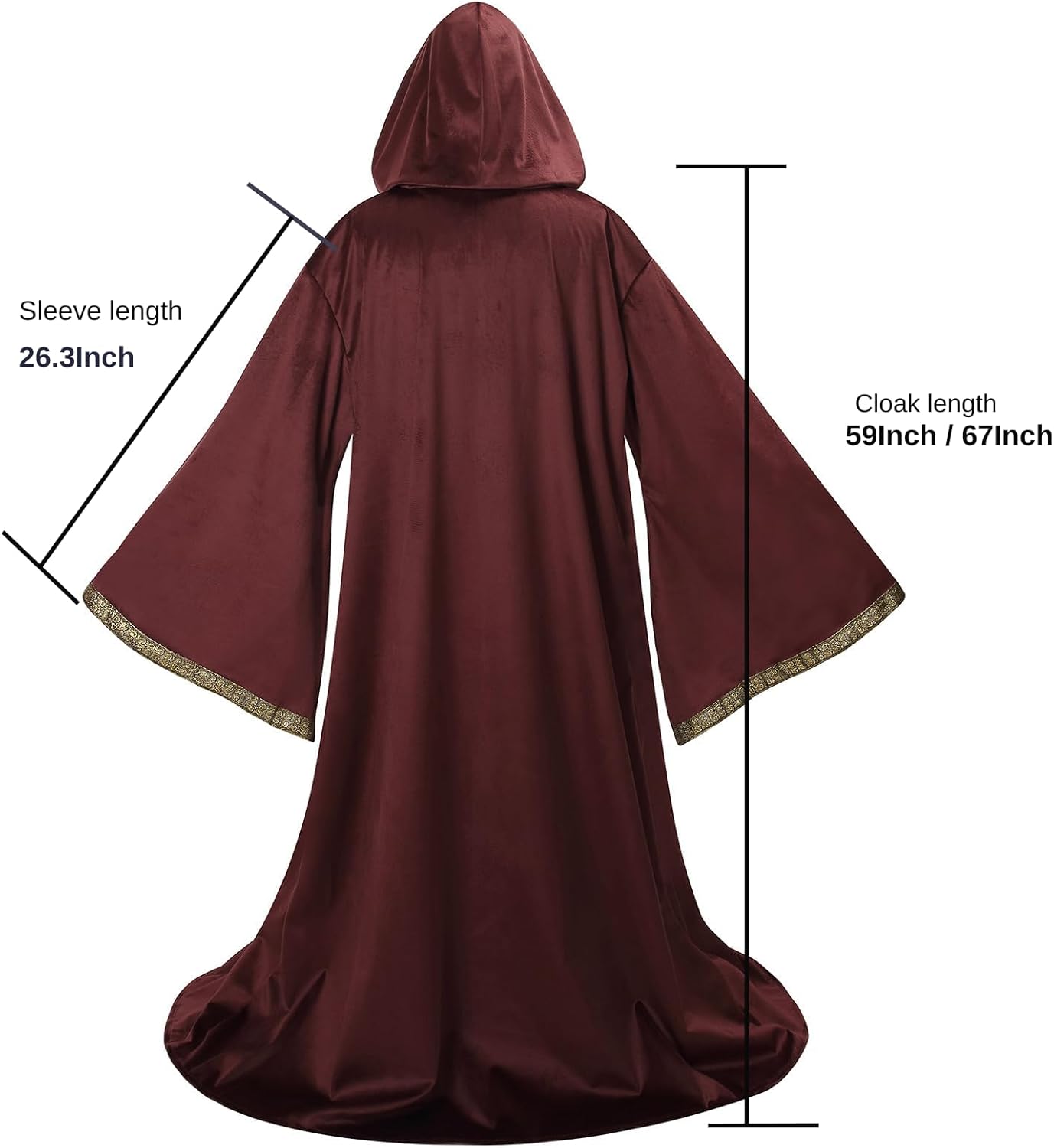 Velvet Wizard Robe Cloak with Hood Men Women, Sorcerer Renaissance Costume Medieval Cape Long Sleeve Halloween