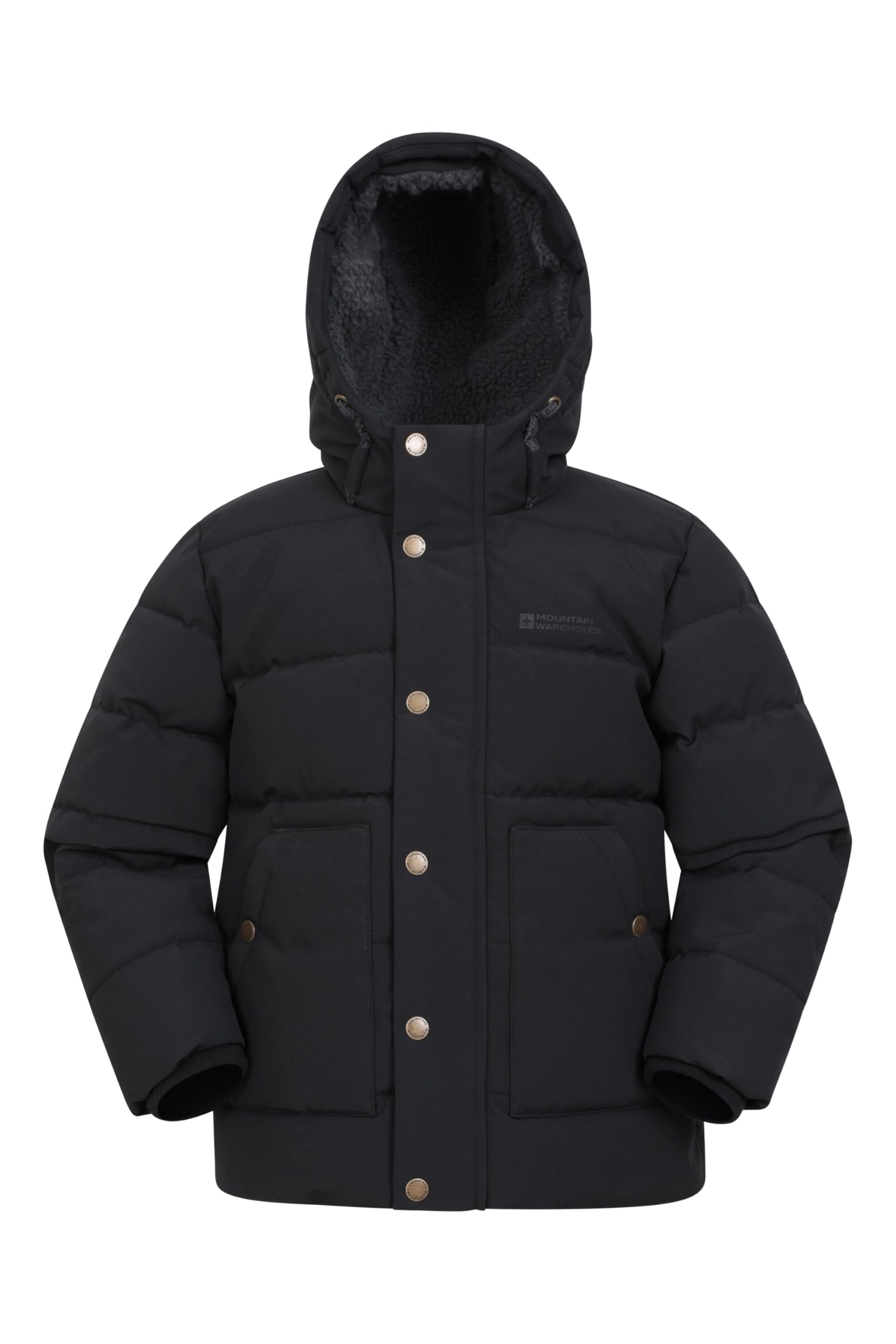 Mountain Warehouse Manta Kids Borg Lined Jacket - Water-resistant Coat with Chin Guard & Front Pockets, Boys & Girls, PFC Free - Autumn Winter, Outdoors & Hiking Black Kids Size 9-10 Years