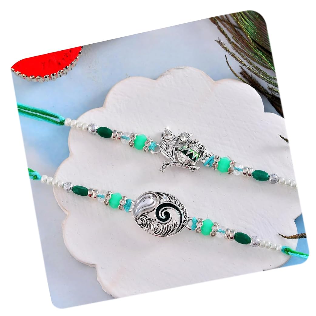 Silver Plated Rakhi for Brother Set of 2, Designer Silver Plated Rakhi for Bhai, Krishna Flute rakhis for Bhaiya Bhai, Peacock Design Rakhis for Rakshabandhan Set with Best Wishes Card, for Men Boy, Tilak Set-image-22
