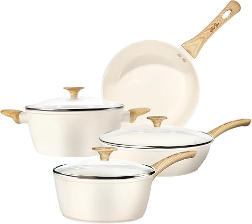 FELAMP Healthy Ceramic Nonstick Cookware Set, 7-Piece PFOA/PFOS/Toxin-Free Pots & Pans Set for Induction & All Stovetops, Dishwasher Safe with Glass Lids,Gift for New Home & Chefs